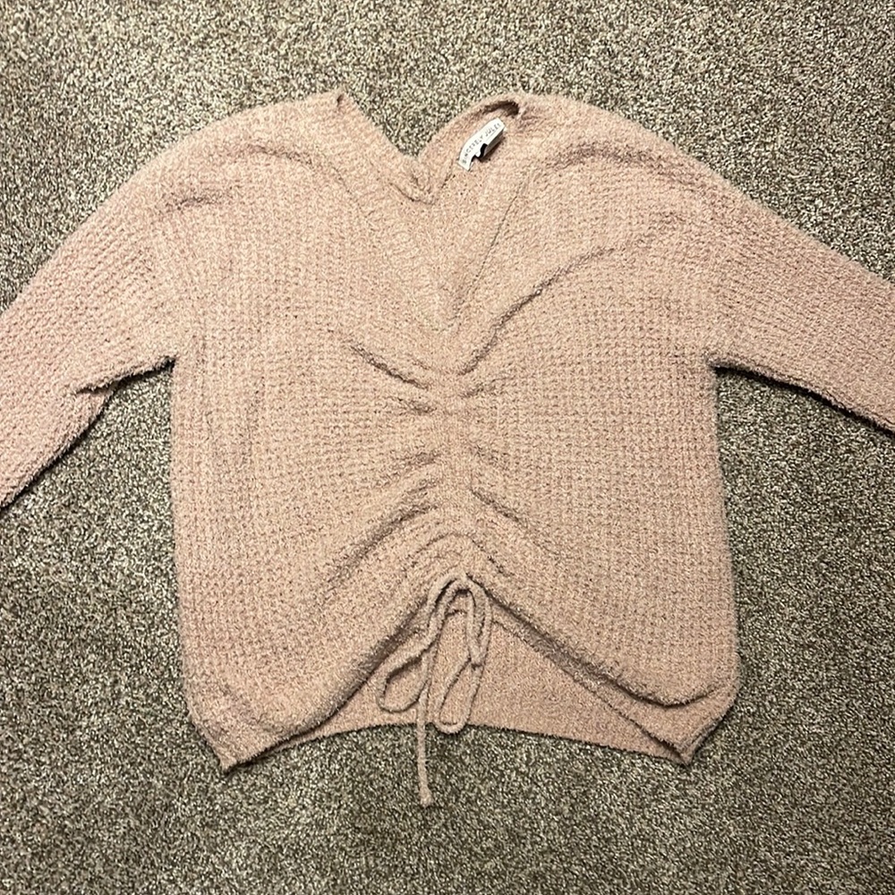 Brown fuzzy tie up sweater